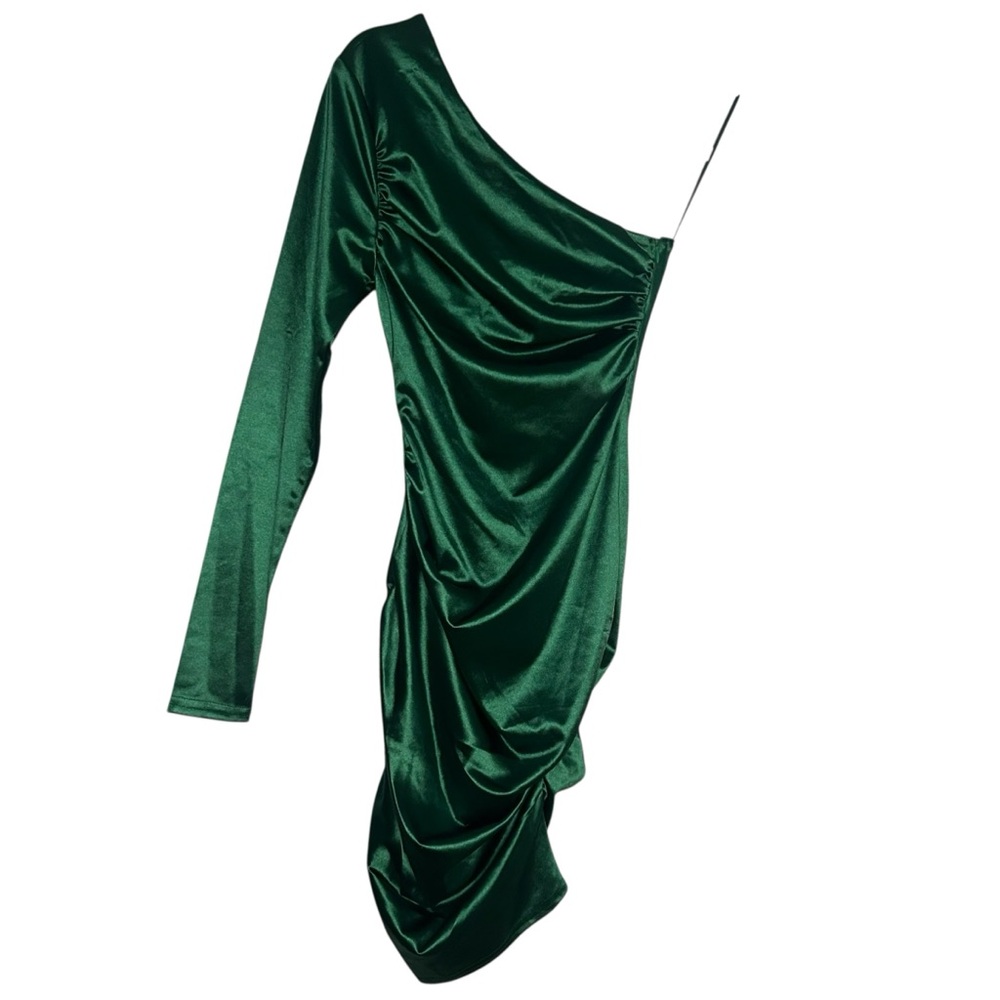 NWT GB Green Satin One Shoulder Long Sleeve Dress Size 1